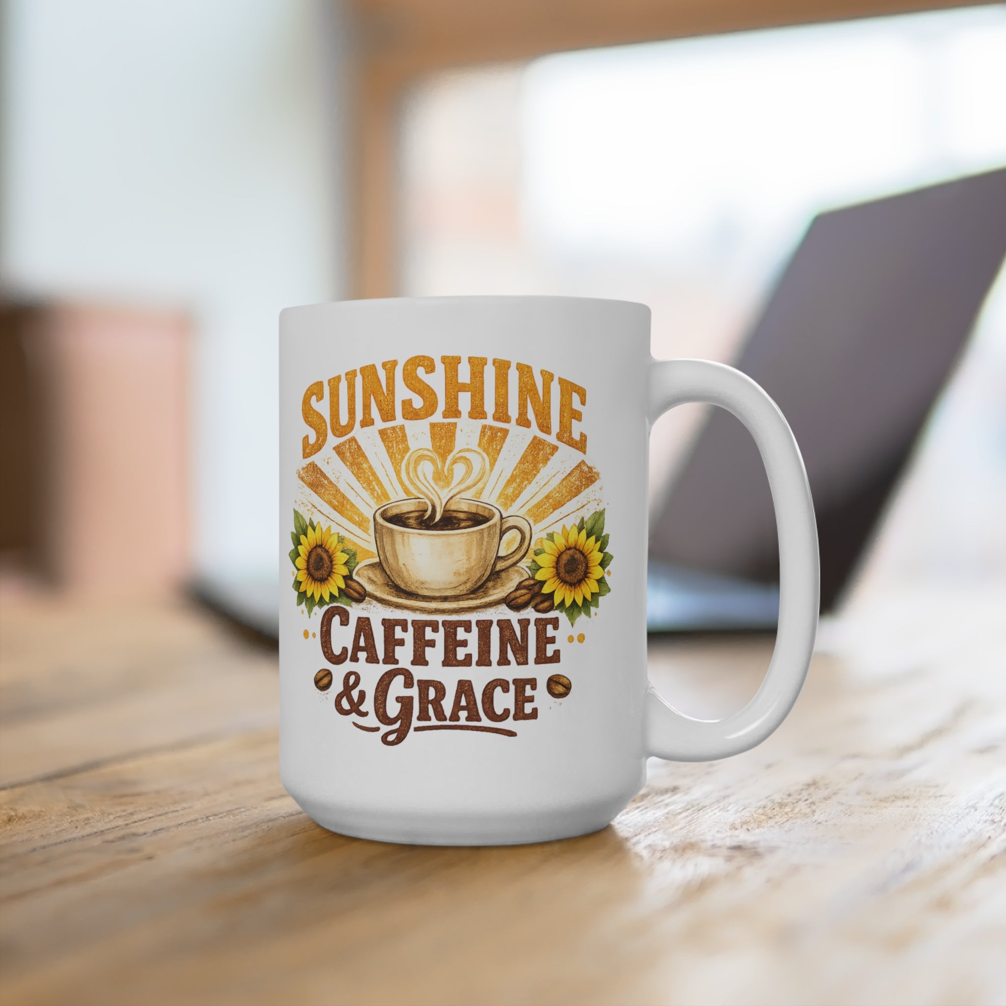 Sunshine Caffeine & Grace 15oz Coffee Mug — Sunflower Morning Cup for Coffee Lovers