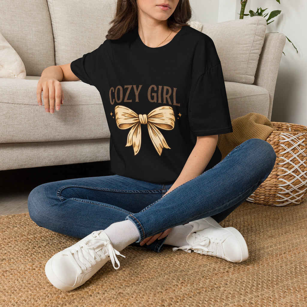 Cozy Girl Graphic T-Shirt — Cute Bow Lounge Tee for Relaxing at Home