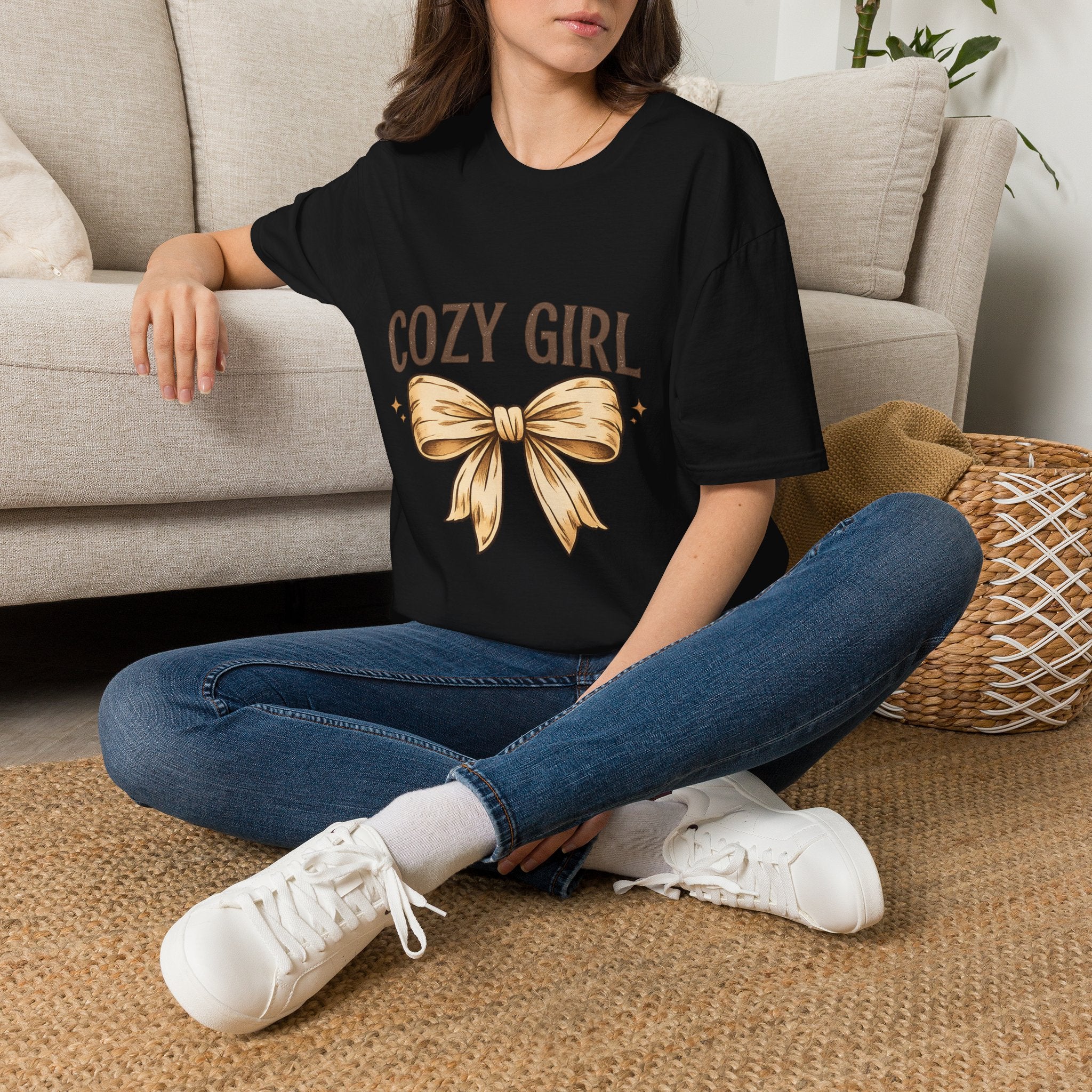 Cozy Girl Graphic T-Shirt — Cute Bow Lounge Tee for Relaxing at Home