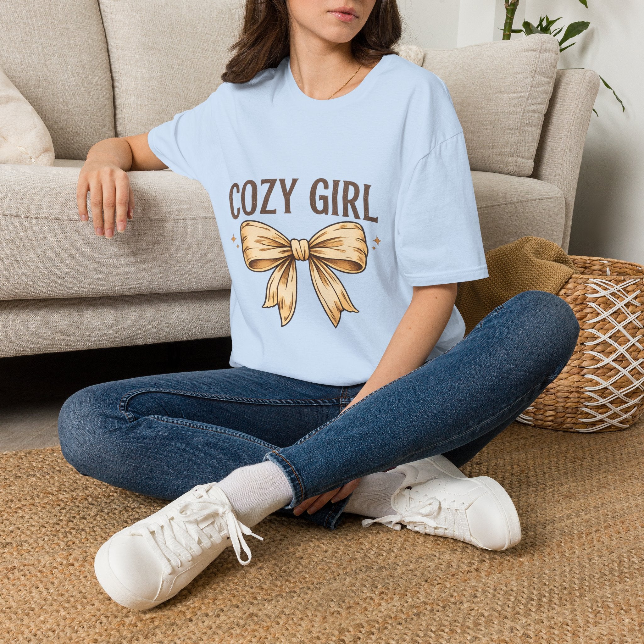 Cozy Girl Graphic T-Shirt — Cute Bow Lounge Tee for Relaxing at Home