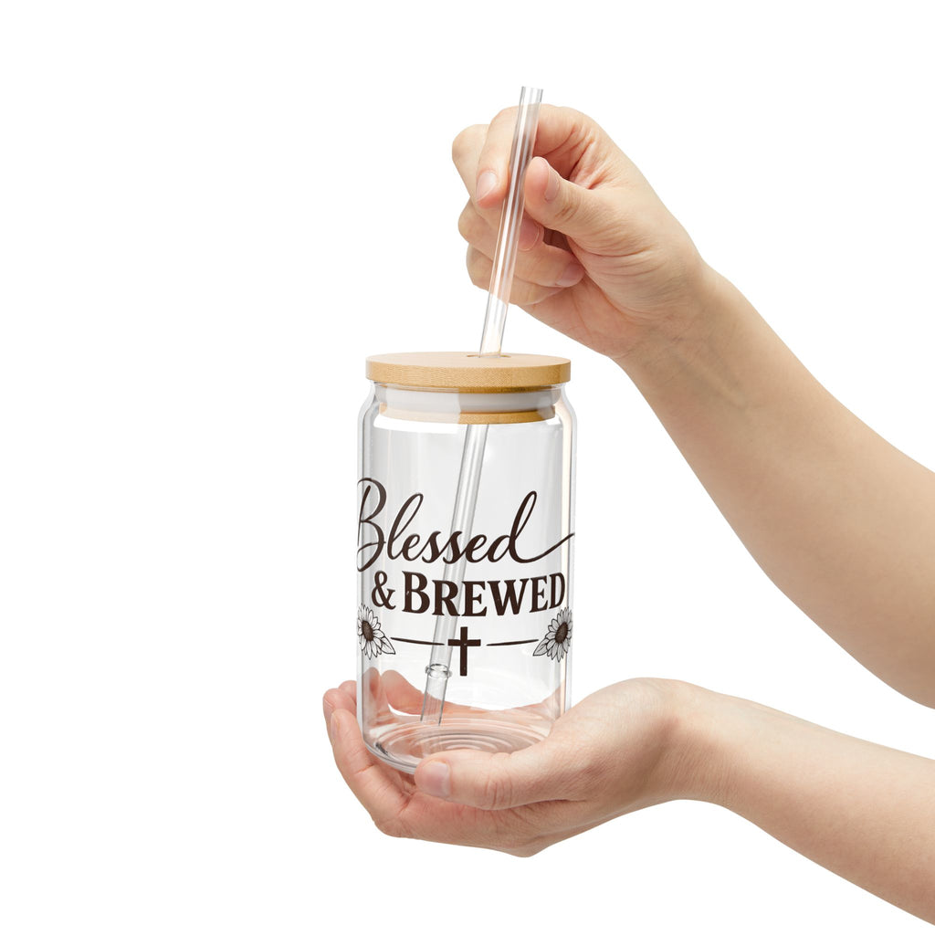 Blessed & Brewed 16oz Sipper Glass – Inspirational Coffee Tumbler with Straw