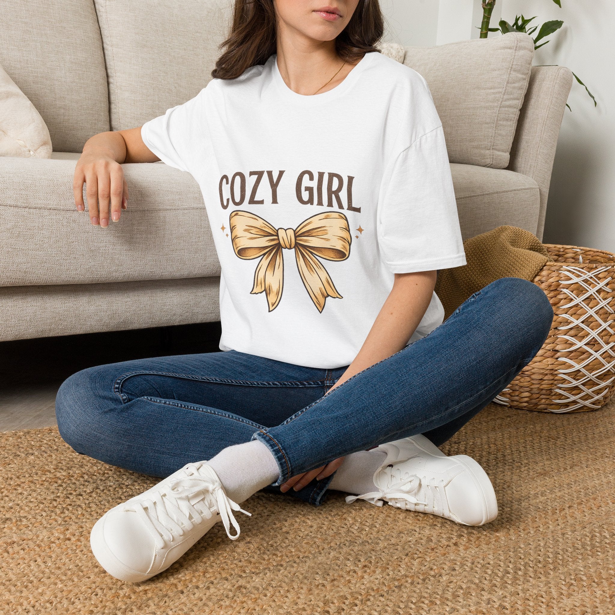 Cozy Girl Graphic T-Shirt — Cute Bow Lounge Tee for Relaxing at Home