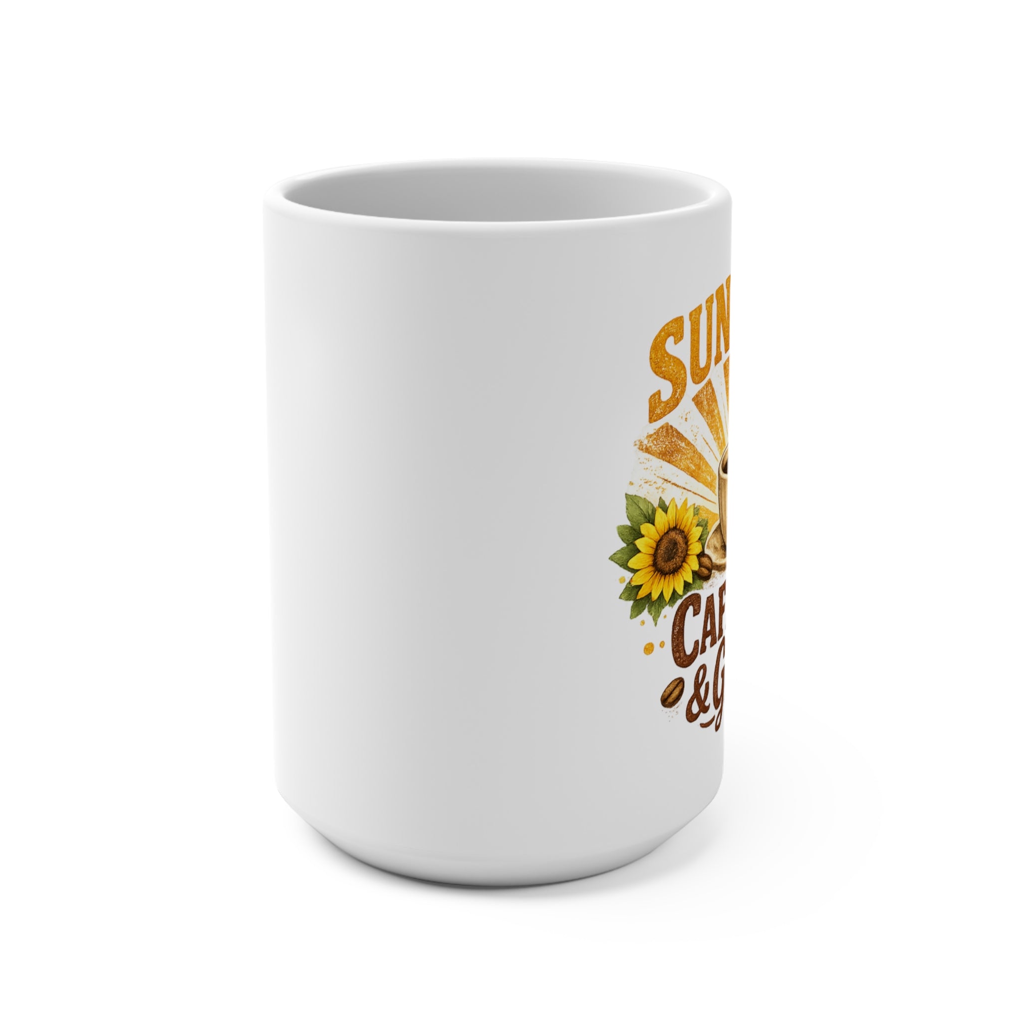 Sunshine Caffeine & Grace 15oz Coffee Mug — Sunflower Morning Cup for Coffee Lovers