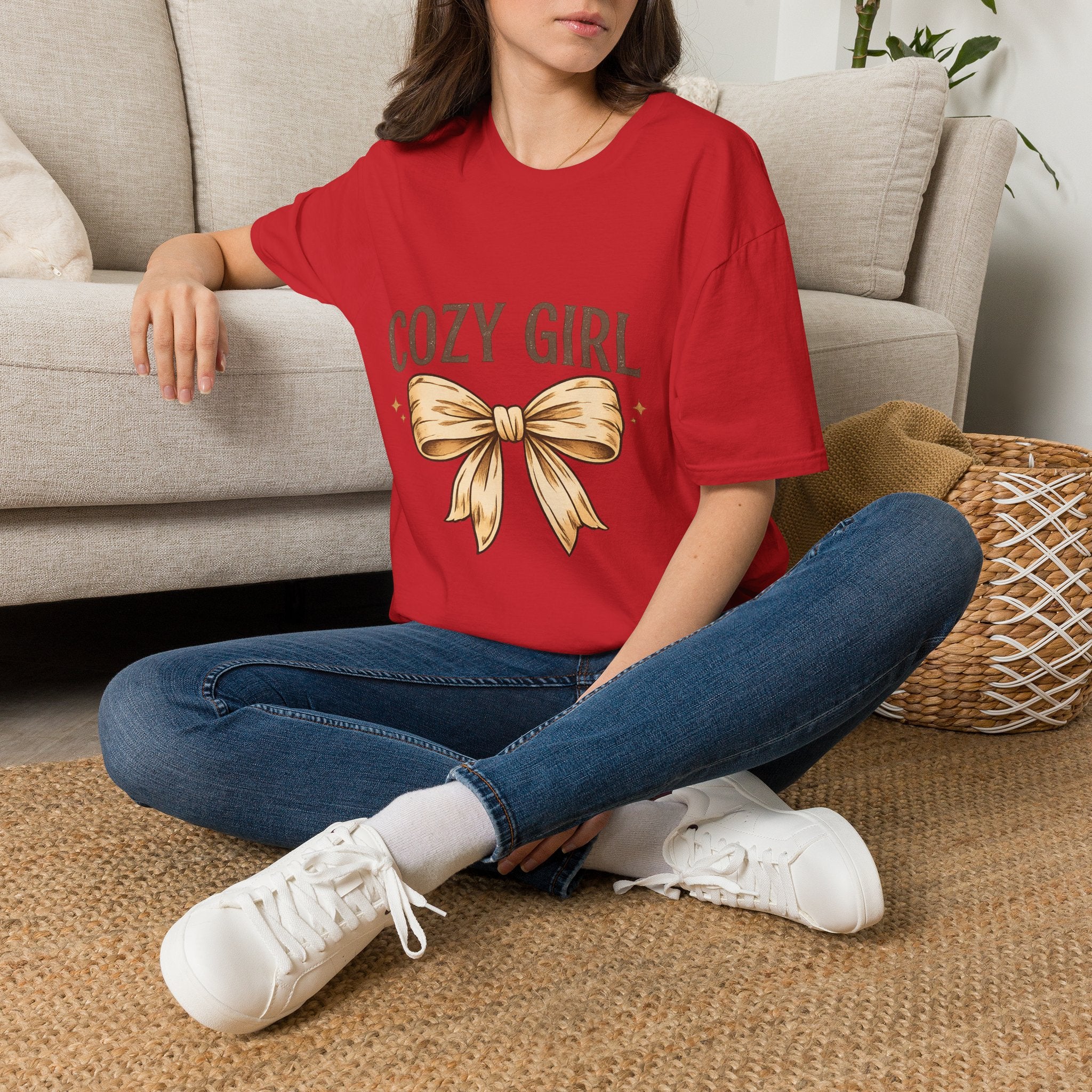 Cozy Girl Graphic T-Shirt — Cute Bow Lounge Tee for Relaxing at Home