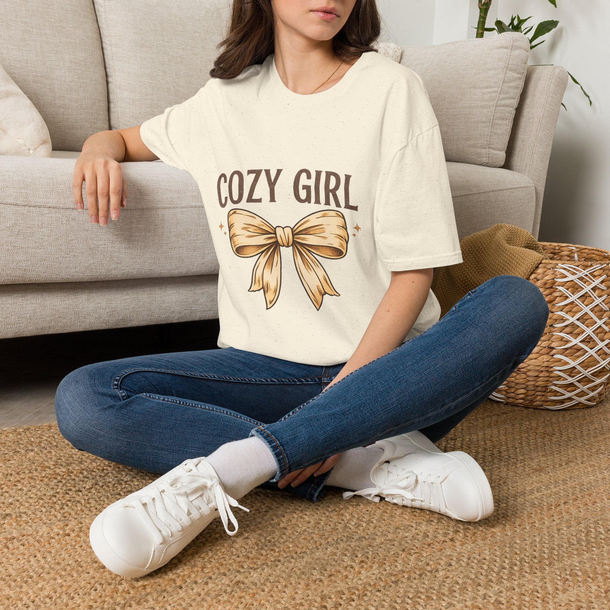 Cozy Girl Graphic T-Shirt — Cute Bow Lounge Tee for Relaxing at Home